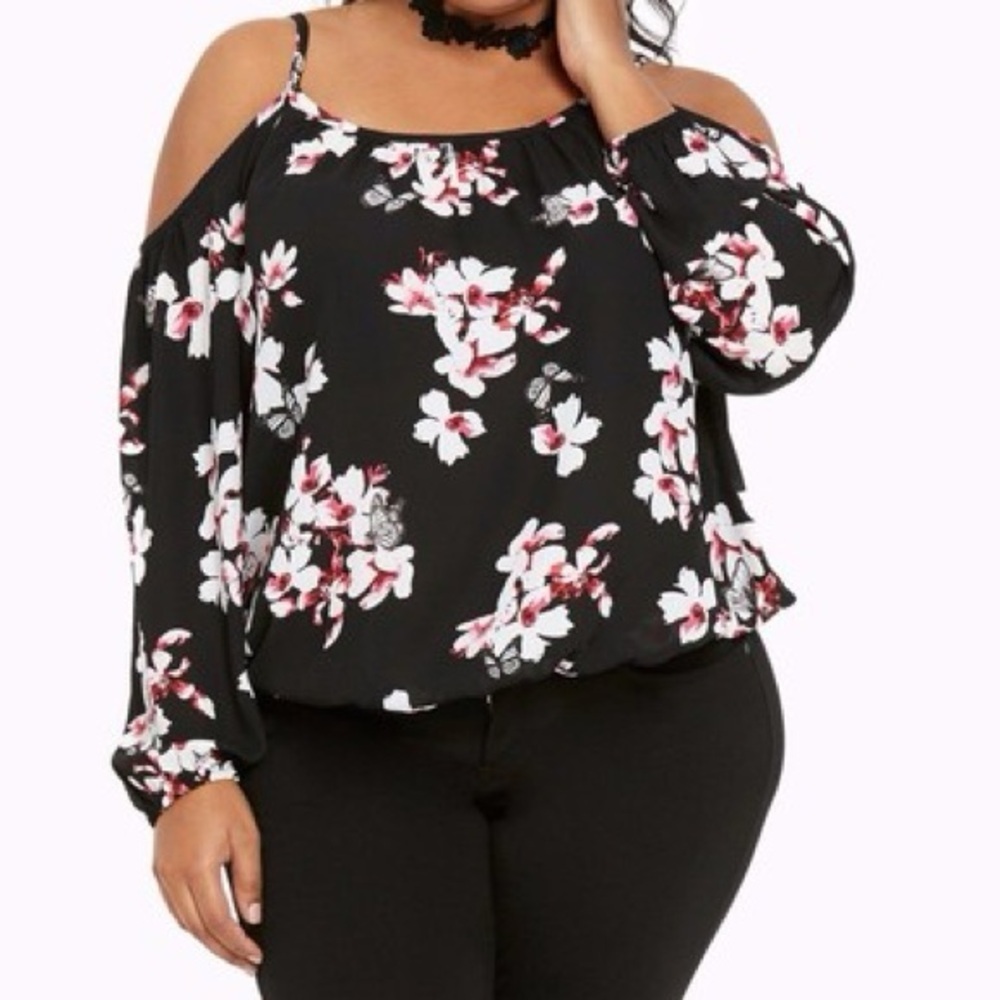 Torrid Georgette Cold Shoulder Floral Top Blouse sz 1X